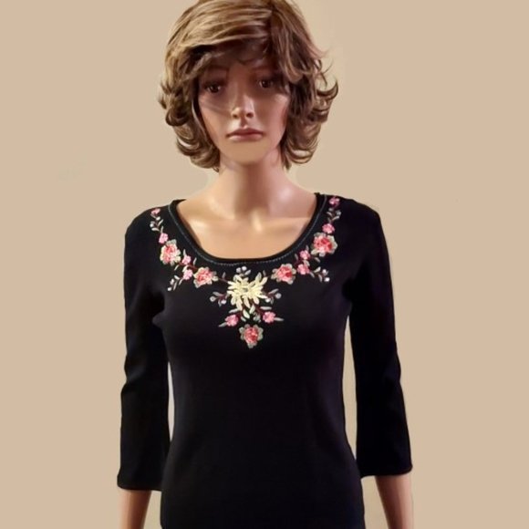 Joseph A Tops - Vintage Joseph A.Black Floral Embroidered  Knit Top Size S NWOT